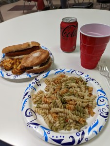 Social Lunch: Hot Dog, Hamburger, Pasta Salad and Coke Zero
